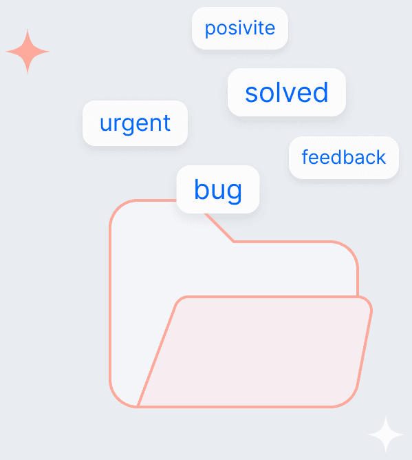 A folder with the existing tags urgent, solved, feedback and bug floating above it